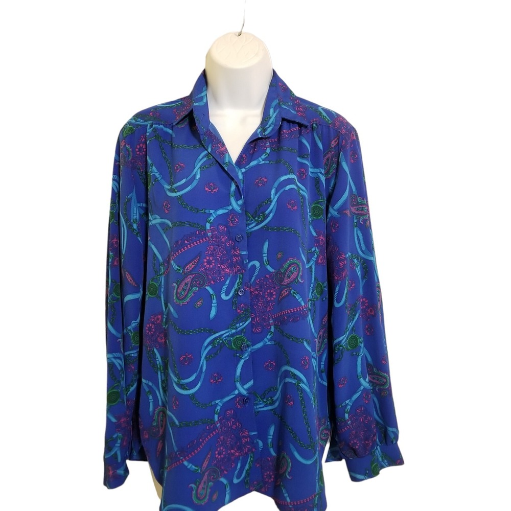 Vintage Womens Top Blouse Size S Blue Long Sleeve Button Chains Paisley
